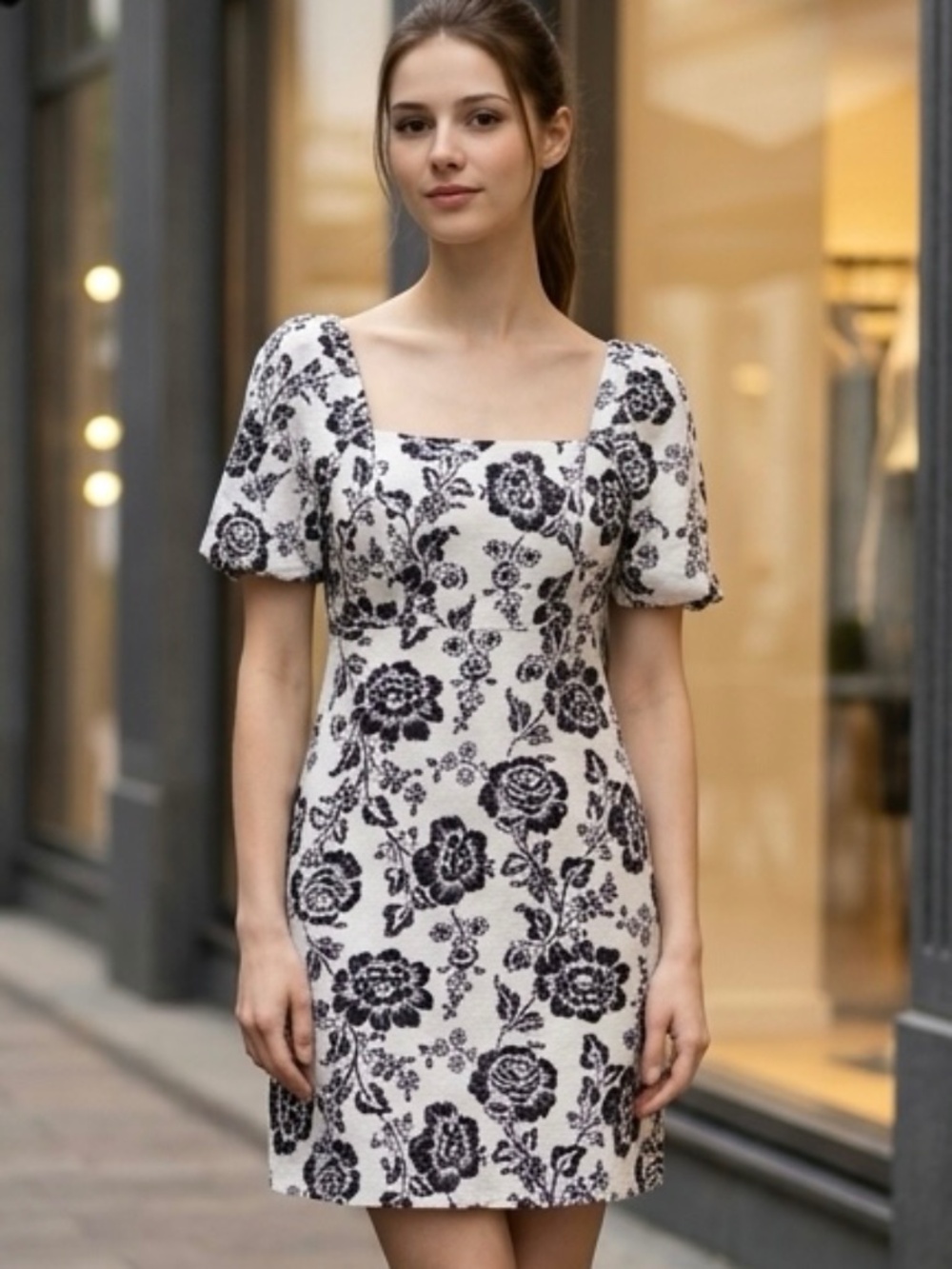 La piccolo Creativa Girlcore Black White Floral Linen Cotton Mini Dress-M
